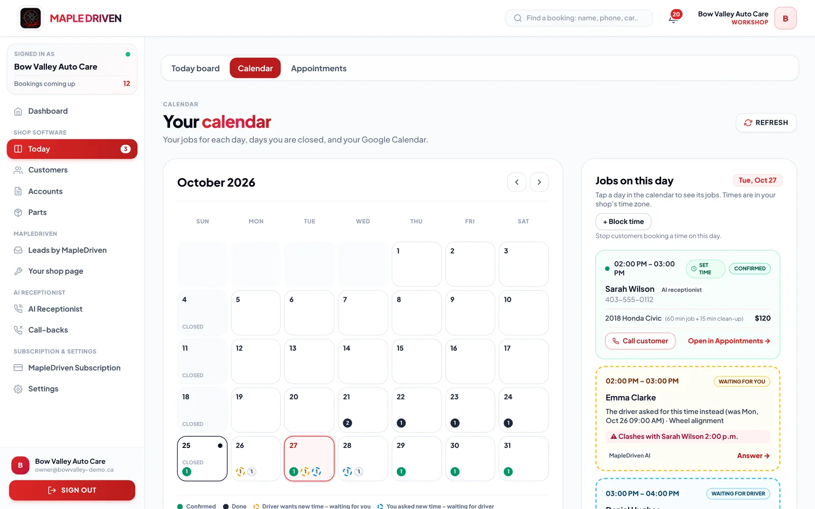 The MapleDriven shop calendar: bookings by day, requests waiting for an answer and Google Calendar times