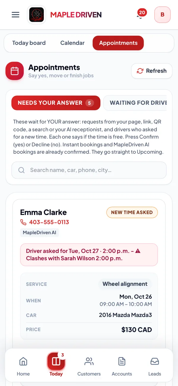 Appointments in the MapleDriven shop panel: requests waiting for your answer