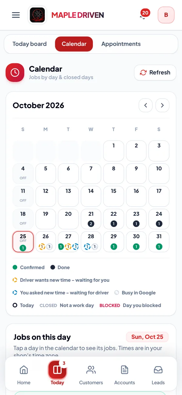 The shop calendar on a phone
