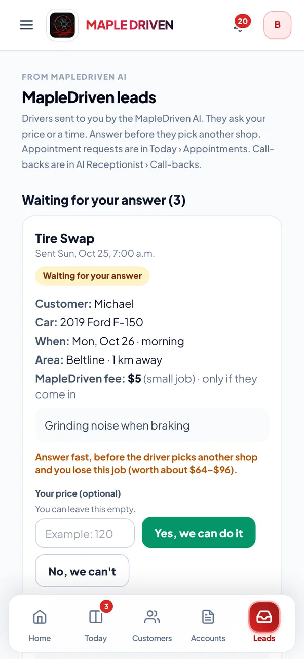 A MapleDriven AI job request from a nearby car owner